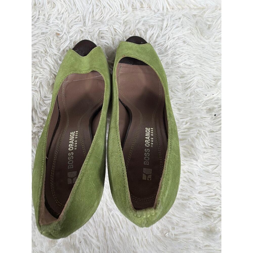 Boss Orange Veera Shoes Womens Size 7 Green Suede Peep Toe Heels Italy Pumps - Picture 5 of 12